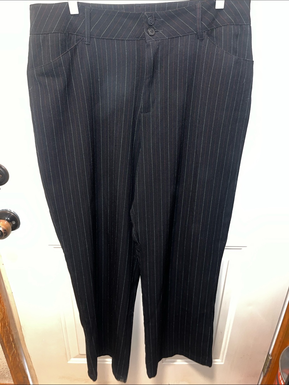 Ladies White Stag Black Pinstripe Straight-Leg Dress Pants